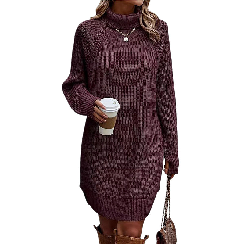 Women's Turtleneck Sweater Dress, Fall Long Sleeve Knit Pullover Mini Dress, Casual Short Sweater Dresses