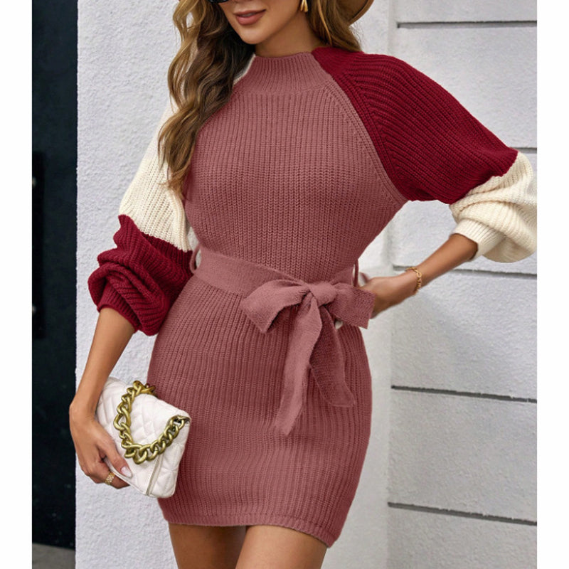 Women's Color Block Sweater Midi Dress - Fall Long Sleeve Bodycon Dress With Tie Waist