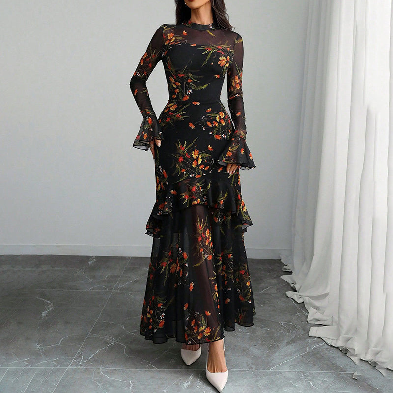 Women's Floral Print Maxi Dress, Sheer Mesh Flare Sleeve With Tiered Ruffle, Romantic Boho Casual Long Dress