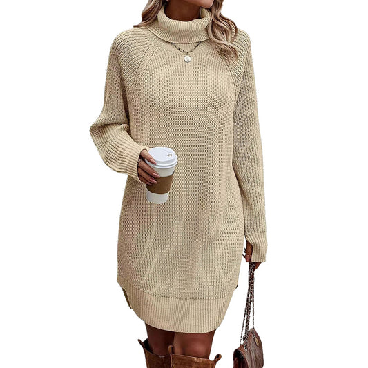 Women's Turtleneck Sweater Dress, Fall Long Sleeve Knit Pullover Mini Dress, Casual Short Sweater Dresses
