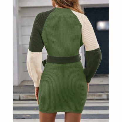 Women's Color Block Sweater Midi Dress - Fall Long Sleeve Bodycon Dress With Tie Waist