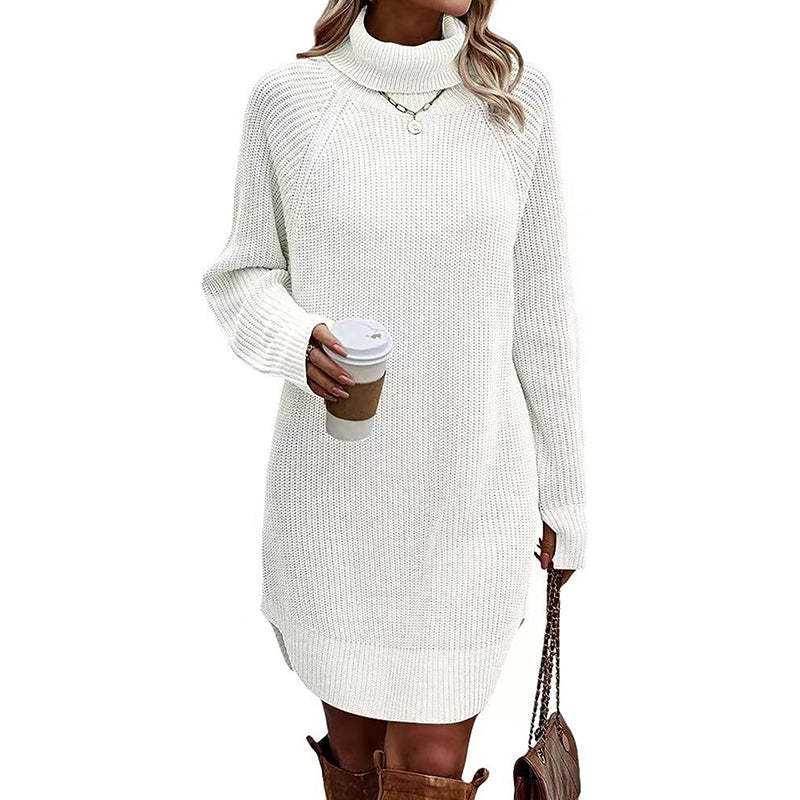 Women's Turtleneck Sweater Dress, Fall Long Sleeve Knit Pullover Mini Dress, Casual Short Sweater Dresses