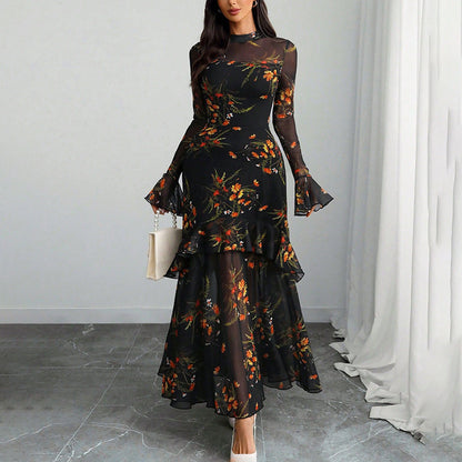 Women's Floral Print Maxi Dress, Sheer Mesh Flare Sleeve With Tiered Ruffle, Romantic Boho Casual Long Dress