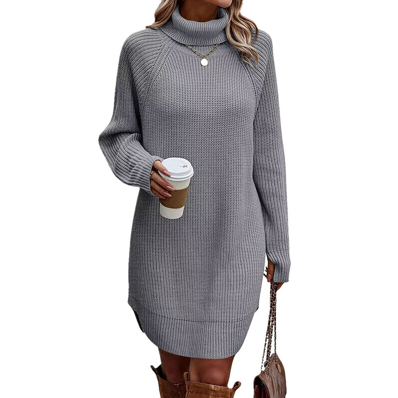 Women's Turtleneck Sweater Dress, Fall Long Sleeve Knit Pullover Mini Dress, Casual Short Sweater Dresses
