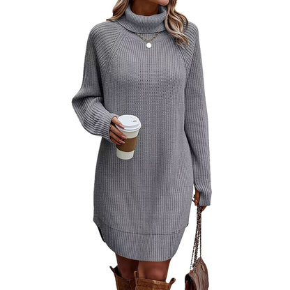 Women's Turtleneck Sweater Dress, Fall Long Sleeve Knit Pullover Mini Dress, Casual Short Sweater Dresses