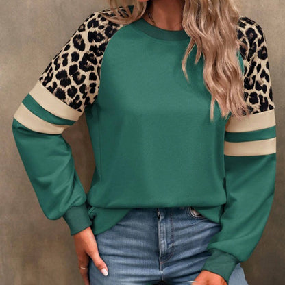 Women's Leopard Print Raglan Sweatshirt - Casual Striped Sleeve Pullover, Fashion Long Sleeve Top