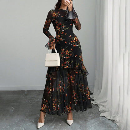 Women's Floral Print Maxi Dress, Sheer Mesh Flare Sleeve With Tiered Ruffle, Romantic Boho Casual Long Dress