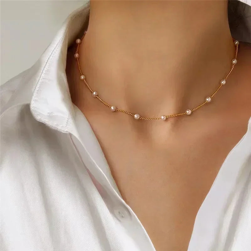 2025 New Women's Pearl Necklace Kpop Gold Color