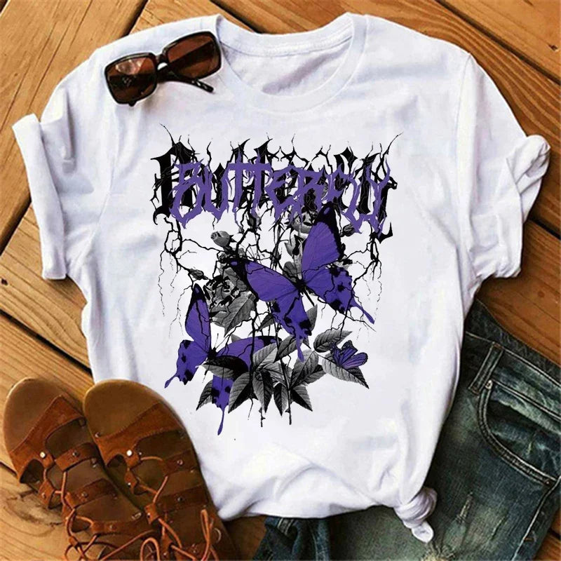gothic Women's Butterfly Tree Print Harajuku T-Shirt Round