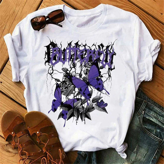 gothic Women's Butterfly Tree Print Harajuku T-Shirt Round