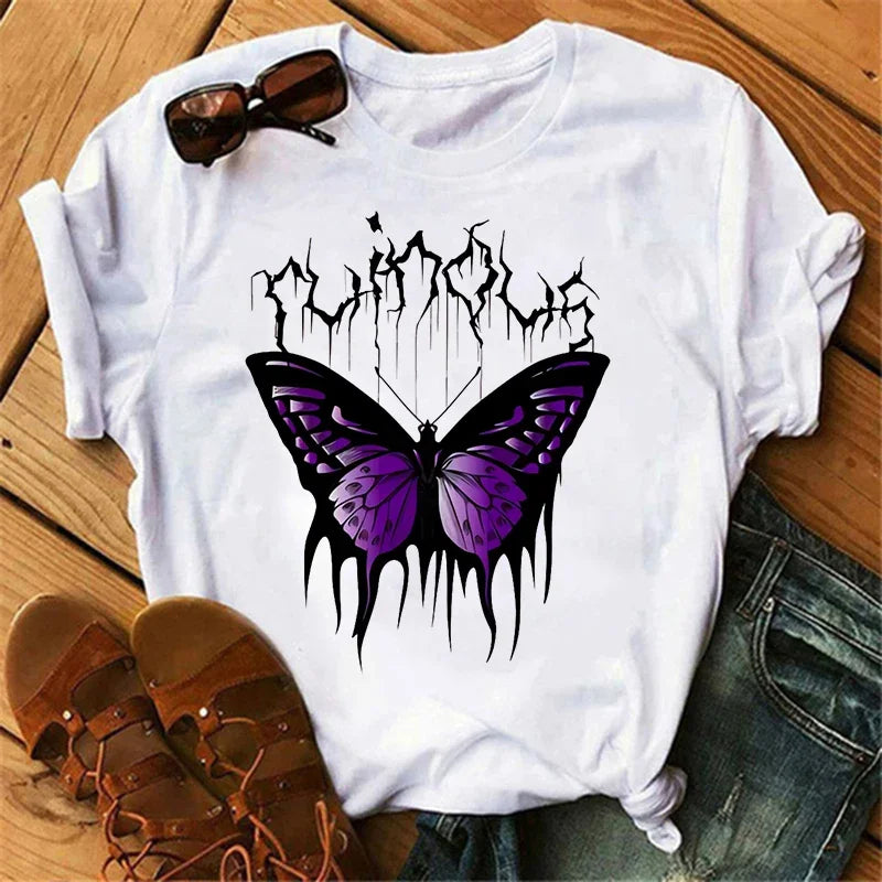 gothic Women's Butterfly Tree Print Harajuku T-Shirt Round