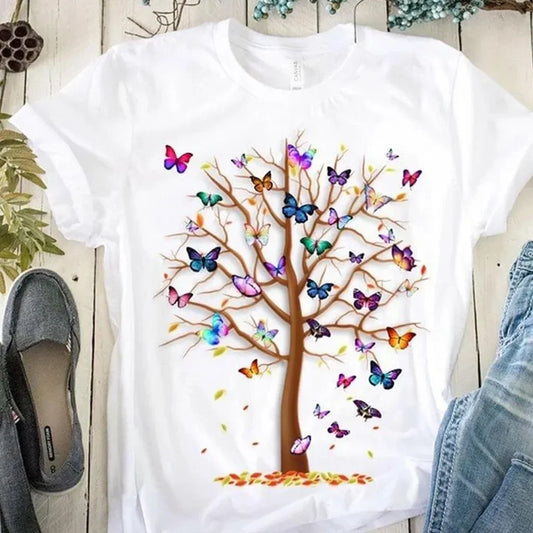 gothic Women's Butterfly Tree Print Harajuku T-Shirt Round