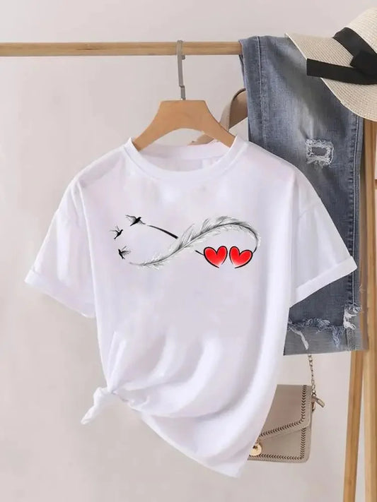 Love Heart Feather Trend Women Fashion Clothing Graphic