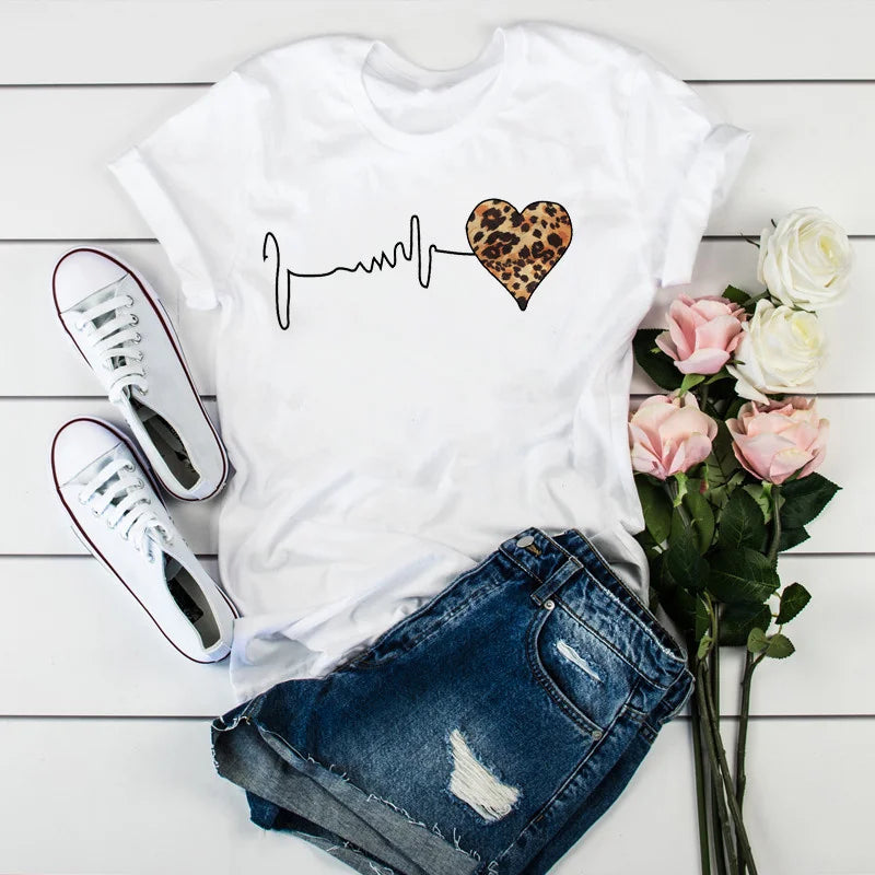 Summer New 90 's Leopard Heartbeat Short Sleeve Print
