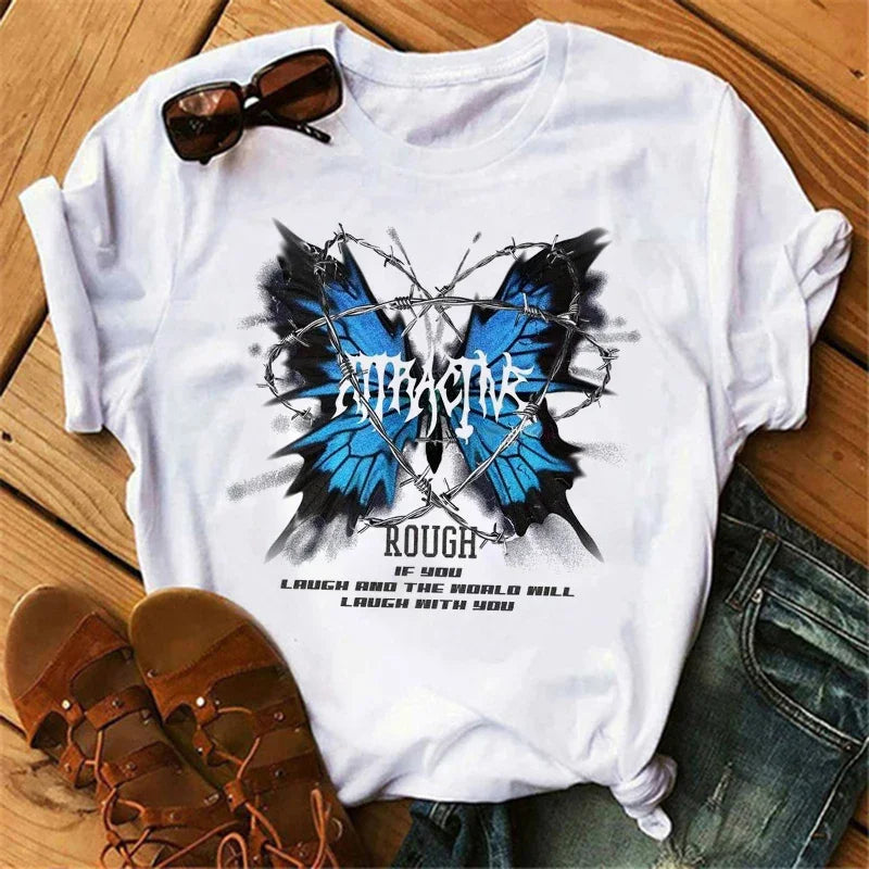 gothic Women's Butterfly Tree Print Harajuku T-Shirt Round