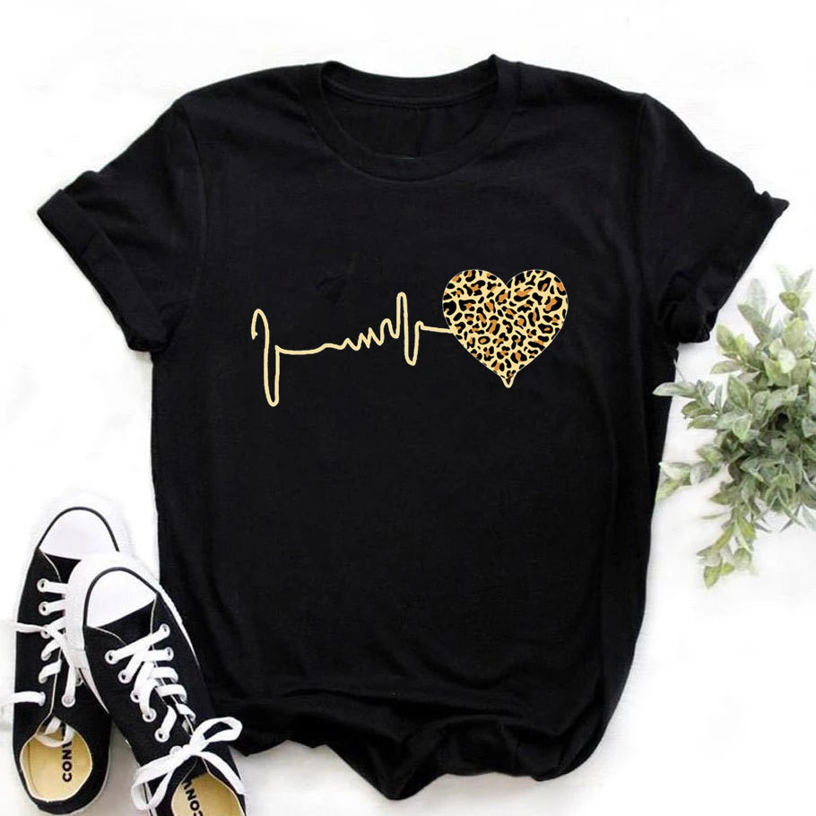 Summer New 90 's Leopard Heartbeat Short Sleeve Print
