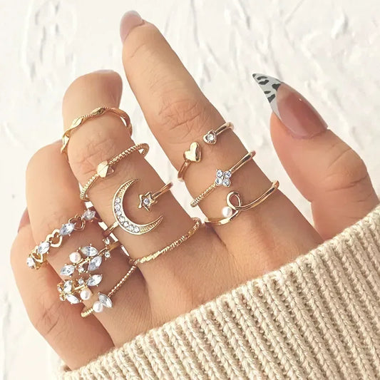 Boho Gold Color Heart Rings Set For Women Vintage