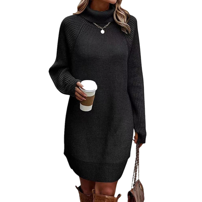 Women's Turtleneck Sweater Dress, Fall Long Sleeve Knit Pullover Mini Dress, Casual Short Sweater Dresses