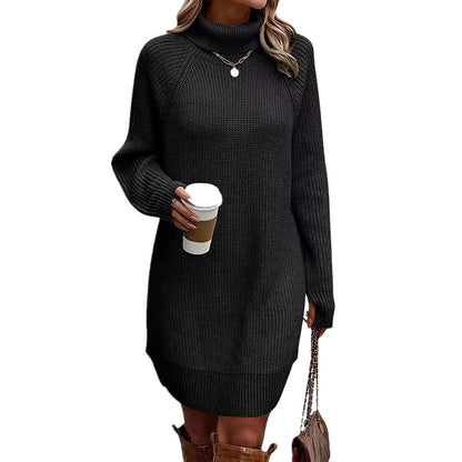 Women's Turtleneck Sweater Dress, Fall Long Sleeve Knit Pullover Mini Dress, Casual Short Sweater Dresses