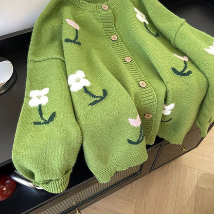 Women's Floral Cardigan Sweater Open Front Long Sleeve Button Down Outerwear